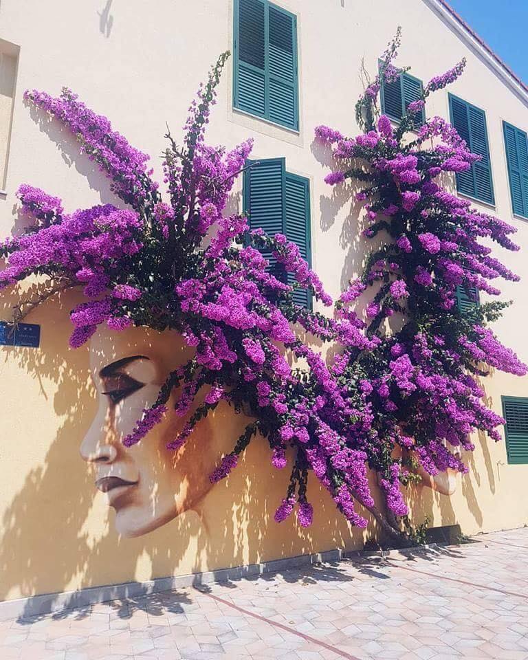A mural showing the side-profile of a woman's face painted on a yellow wall, partially obscured by climbing purple bougainvillea shaped into curls, located in Paleokastritsa, Corfu, Greece.