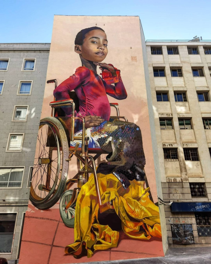 A surreal and detailed street art mural by Case Maclaim in Madrid, Spain, titled The Fabulous Tale of Being Different.