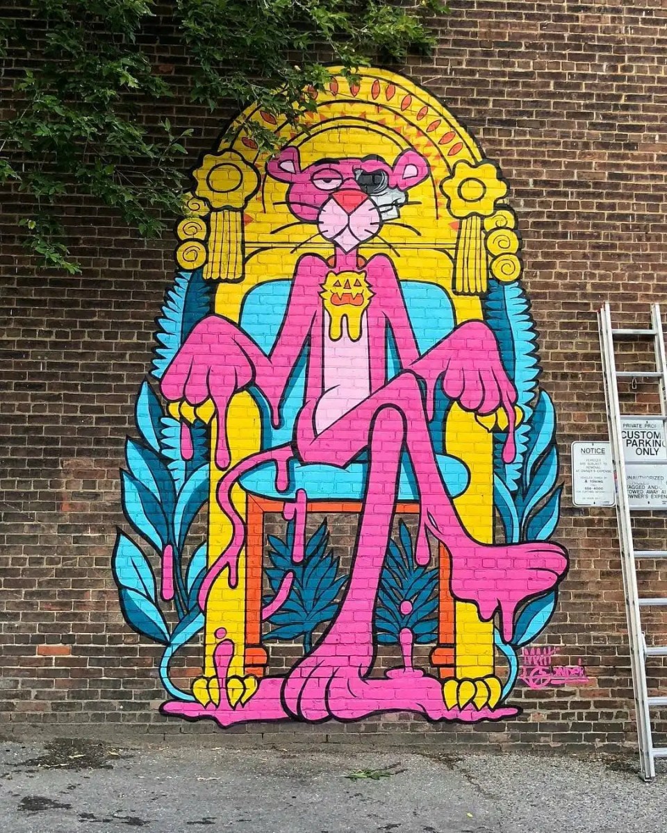 High-energy pop art mural of the Pink Panther by Matt Gondek in Toronto, Canada.