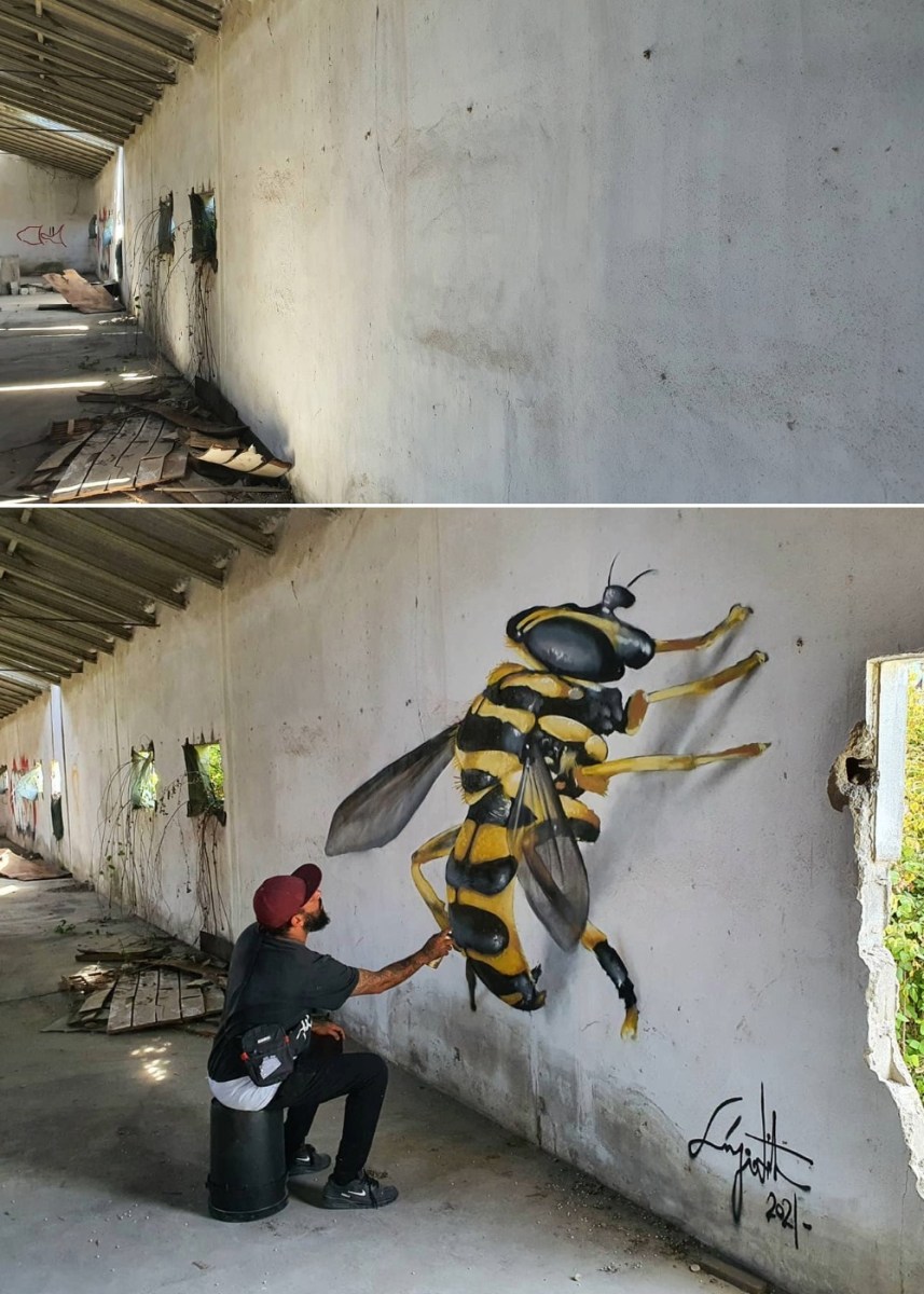 Incredible 3D street art illusion of a giant wasp by Odeith, making the wasp appear to be hovering in front of a corner wall.
