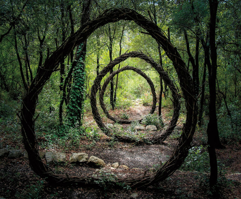 Enchanting land art in a French forest by Spencer Byles featuring branch-woven circles titled Nature Rings.