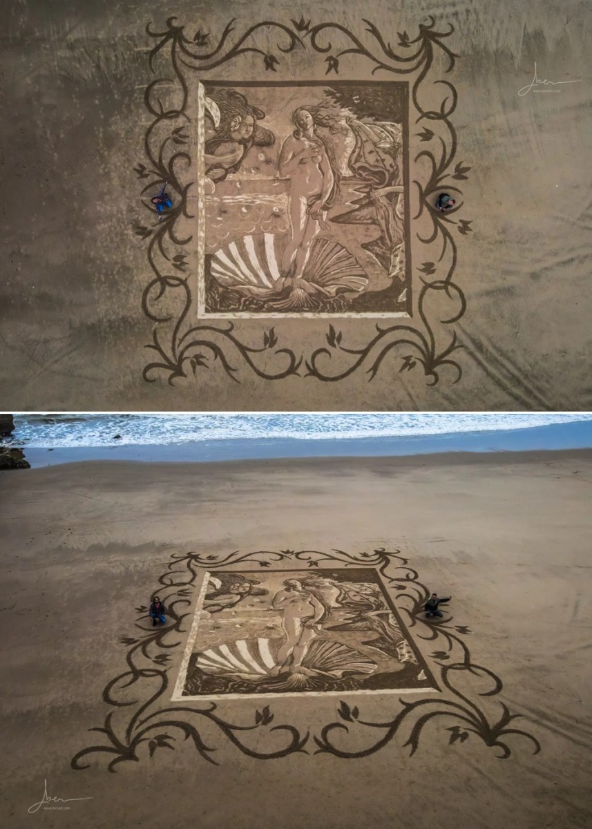 Incredible beach land art reimagining Botticelli's Birth of Venus in the sand by Jben beach art and Thomas Cambois atelier in France.