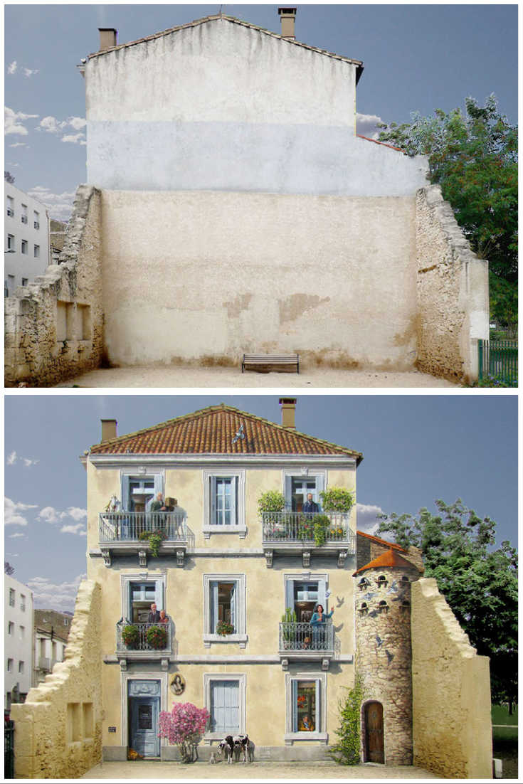 Side-by-side photos of a building wall in Montpellier before and after mural work by Patrick Commecy. The finished mural shows a three-story building with balconies, people, plants, and architectural depth.