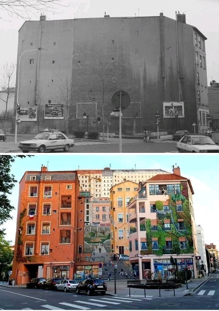 A before-and-after comparison of the same building wall in Lyon, France. The top image shows a bare, grey wall. The bottom image reveals a large mural painted to resemble a street scene with staircases, buildings, greenery, and people, using perfect perspective to create a 3D illusion.