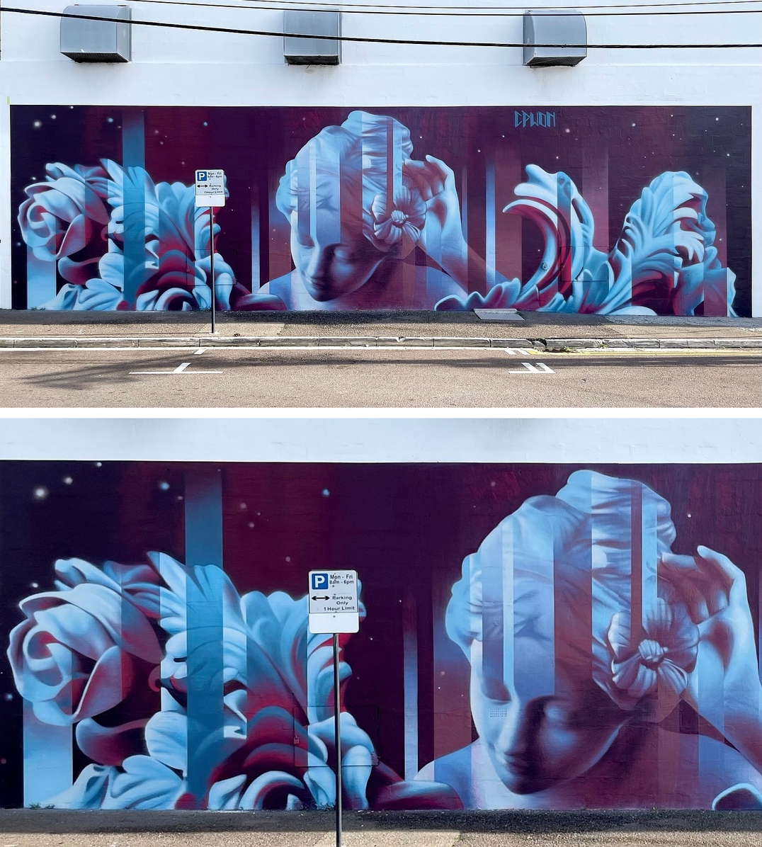 Large mural of a classical sculpture with a flower behind her ear, interrupted by digital bars and surrounded by abstract floral shapes, painted by Claudio Picasso in Hamilton, Bermuda.