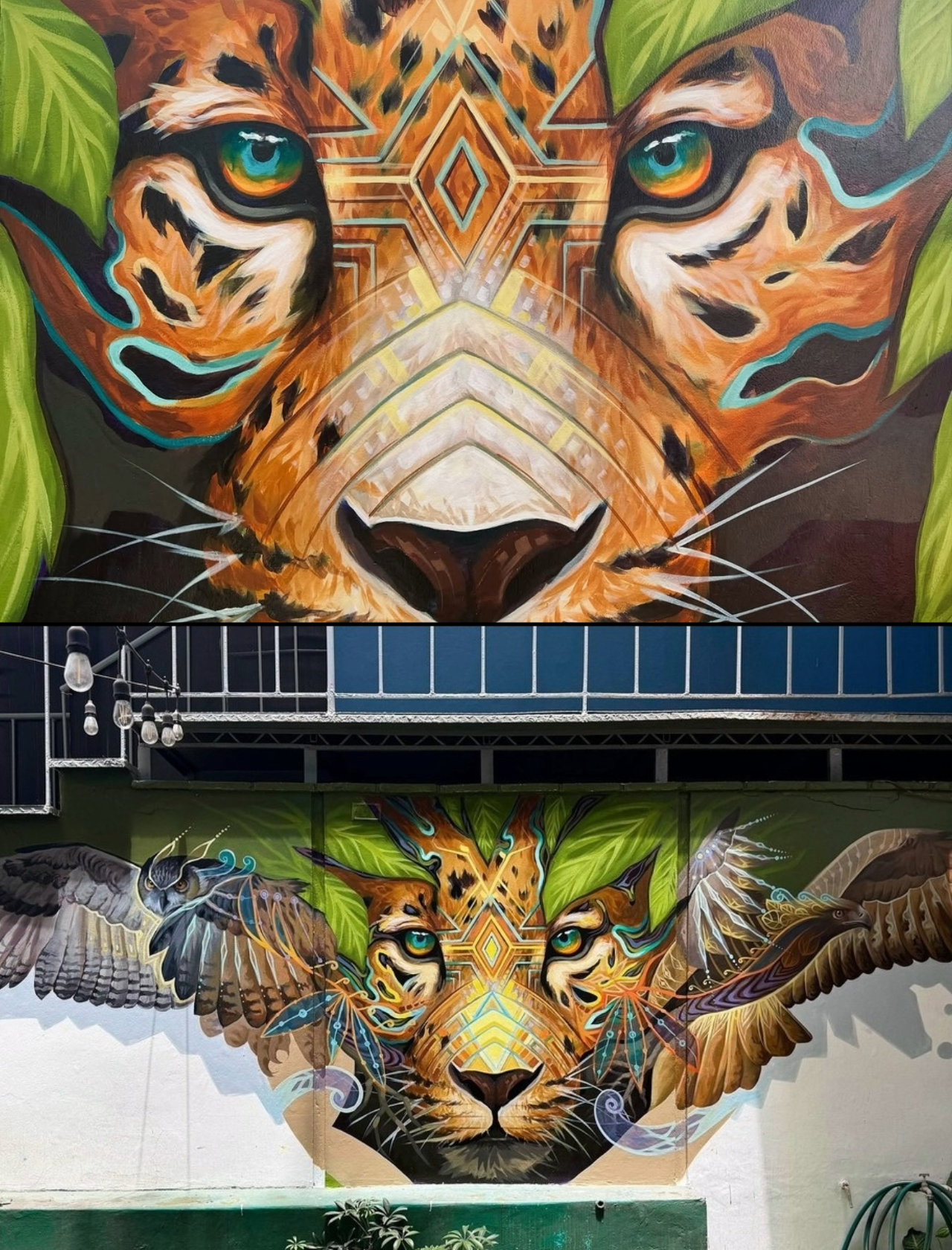 Vibrant mural of a symmetrical jaguar with glowing eyes and tribal patterns on its face, surrounded by leaves and two stylized wings, painted by Oxy in Lima, Peru.
