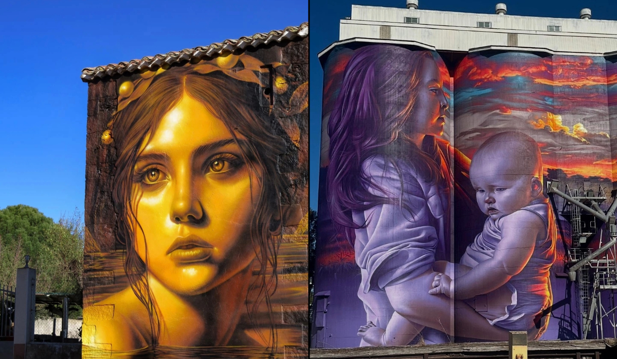 Side-by-side mural images: on the left, a golden-hued portrait of a young woman with reflective eyes, lemons in her hair, and rippling water at her chest, painted on a rustic stone wall in Spain by Moxaico; on the right, a towering mural by Smug on silos in Lameroo, Australia showing a girl holding a baby with intense purple lighting and a vivid sunset landscape in the background.