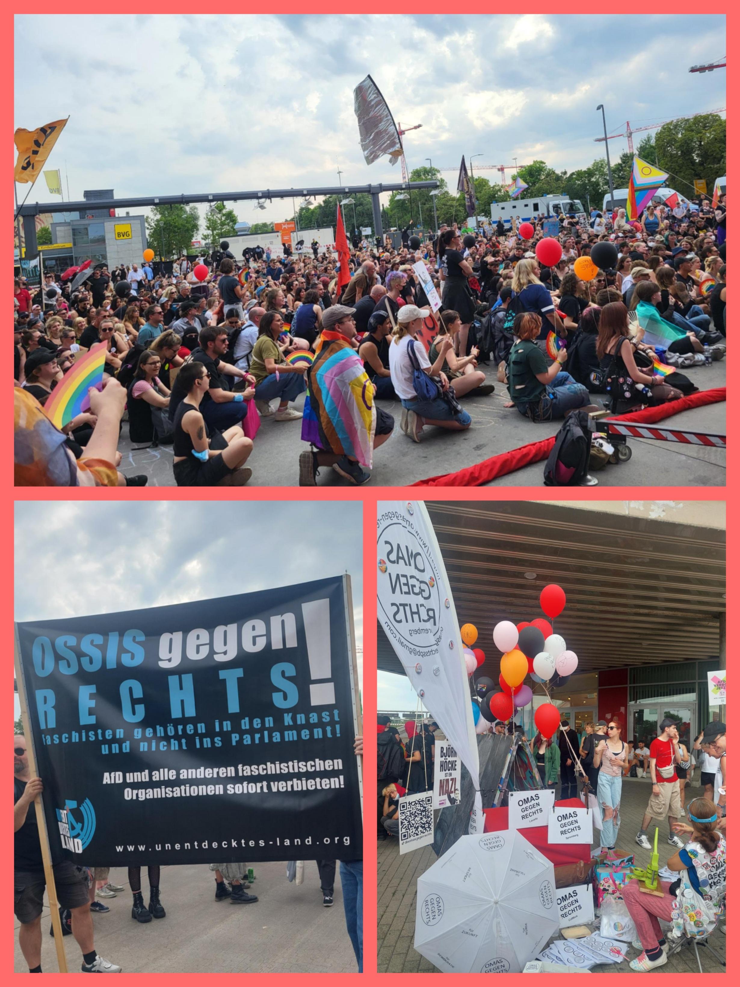 Fotocollage 3 Fotos<br>Bunte Menschenmenge vor einer Bühne<br>Schild "Ossis gegen Rechts"<br>Stand der Omas mit vielen bunten Ballons