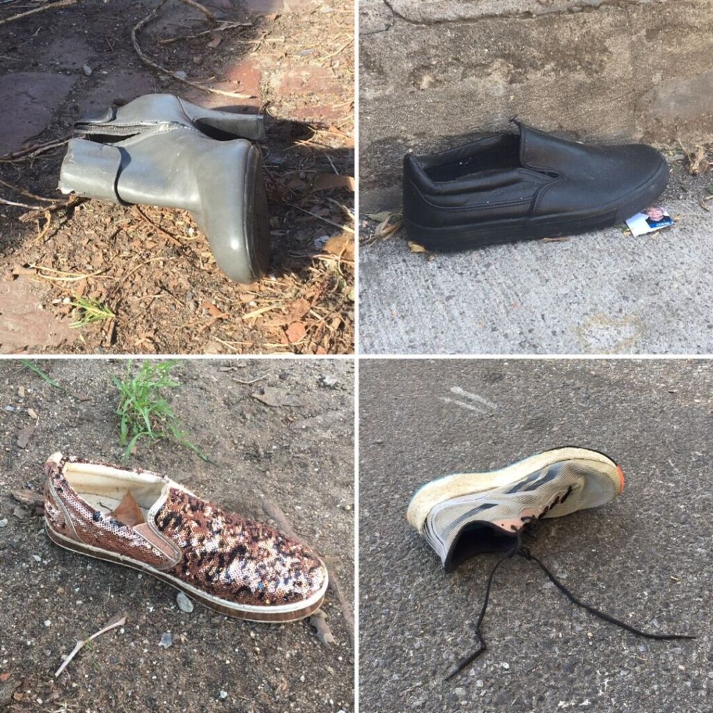 A 4 piece collage of single shoes discarded in the street.