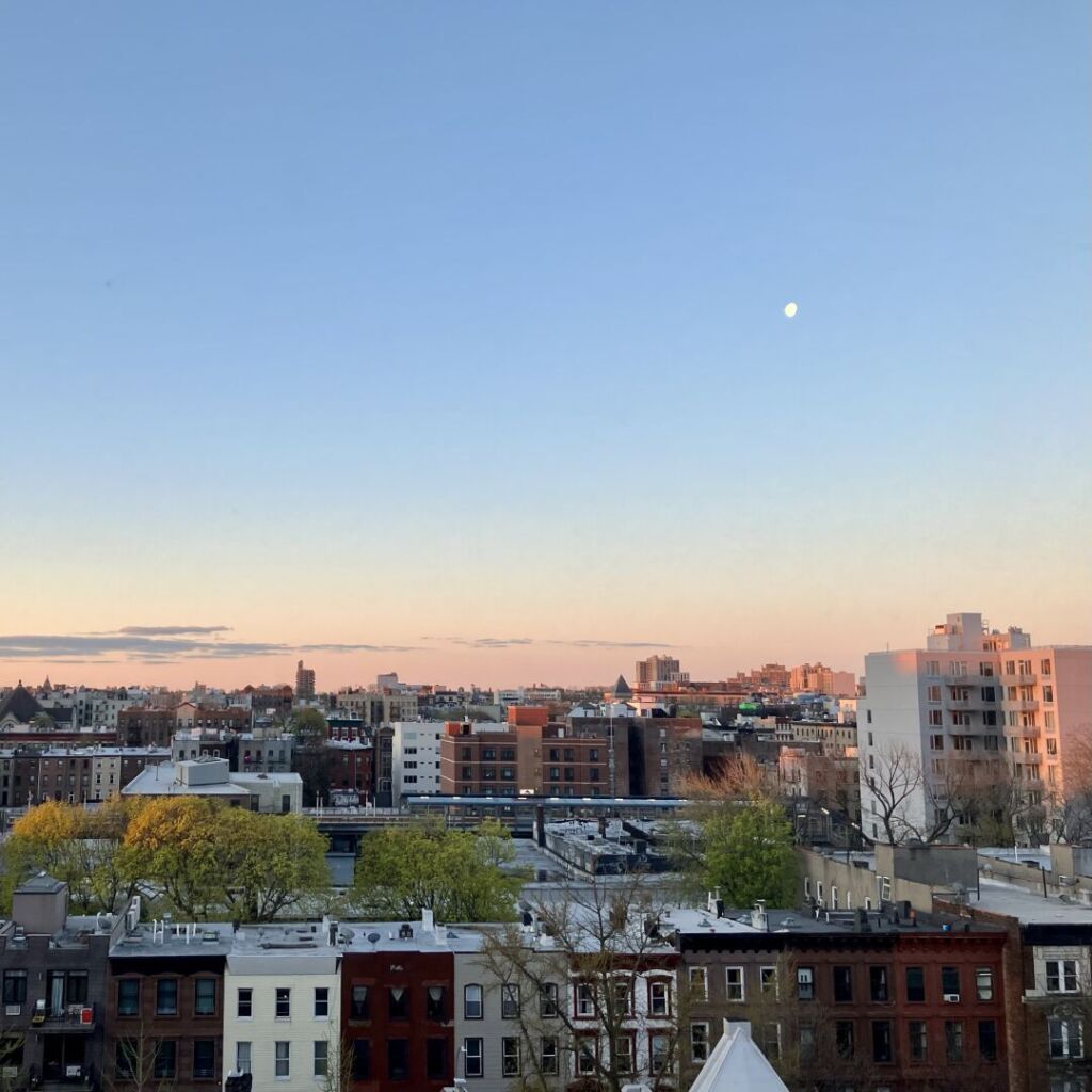 Cityscape of Brooklyn shot from the 9th floor of my apartment building, the sky makes up the top two-third, showing dawn colors on the horizon when it meets with buildings. An almost full moon shows in the top right quadrant.