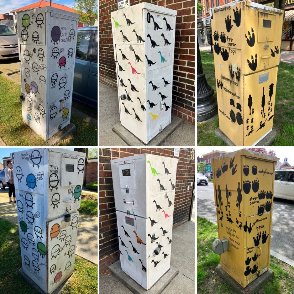 A grid of six pictures of opposite angles of three decorated public technical cabinets. The first is covered in round marker-drawn characters. The second is covered in brontosaurus silhouettes, the third is covered in dinosaur footprints and their respective names and outlines.