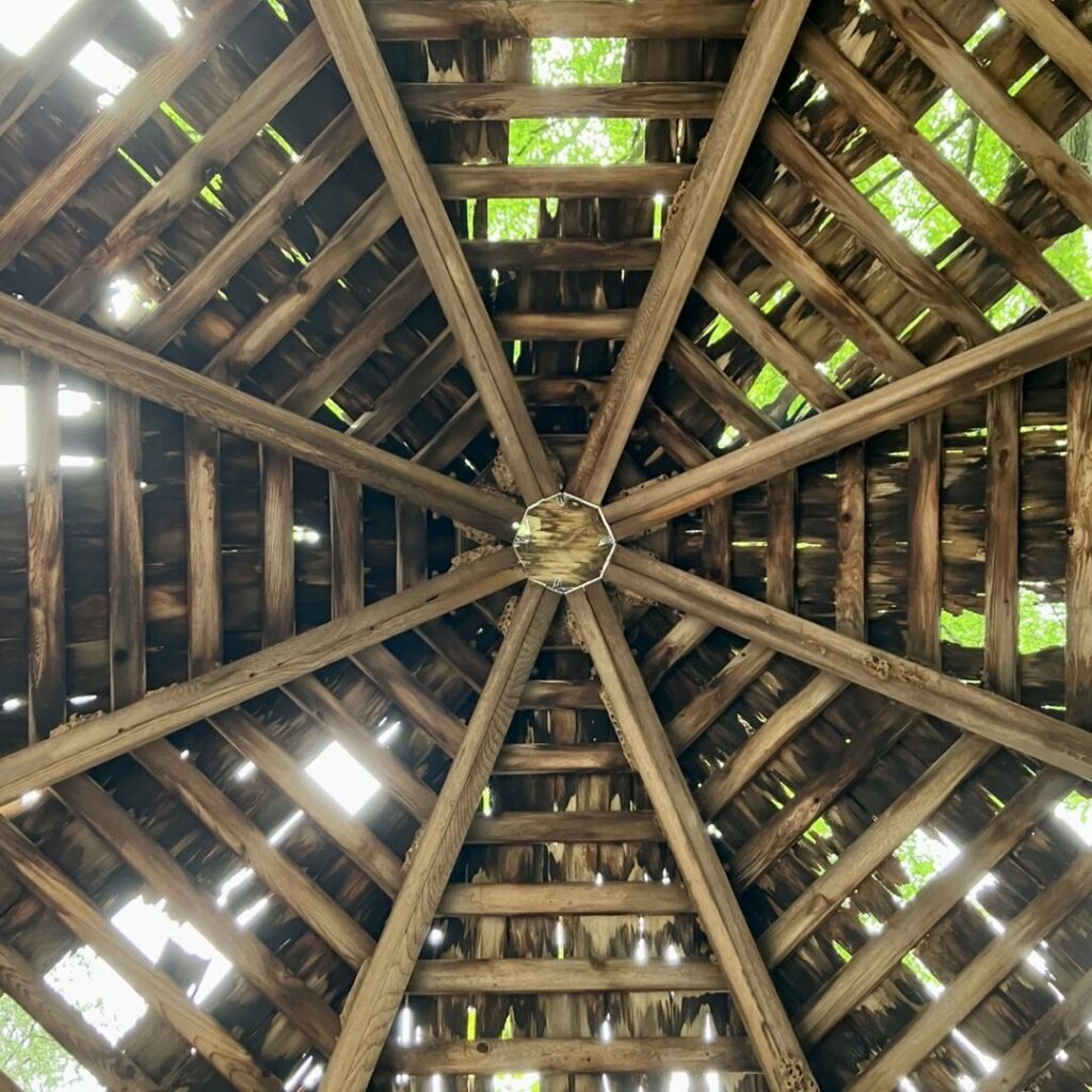 A weathered octogonal wooden gazebo roof, shot directly from below, showing green leaves and sun where shingles are missing.