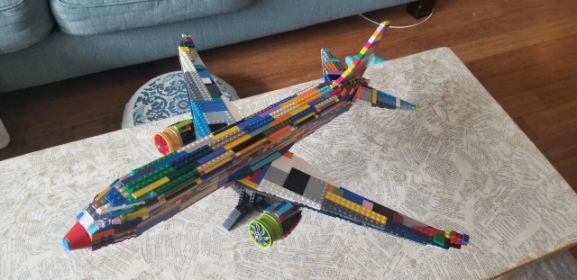 An official LEGO model of the Boeing 787 Dreamliner but the colors of the bricks are random.