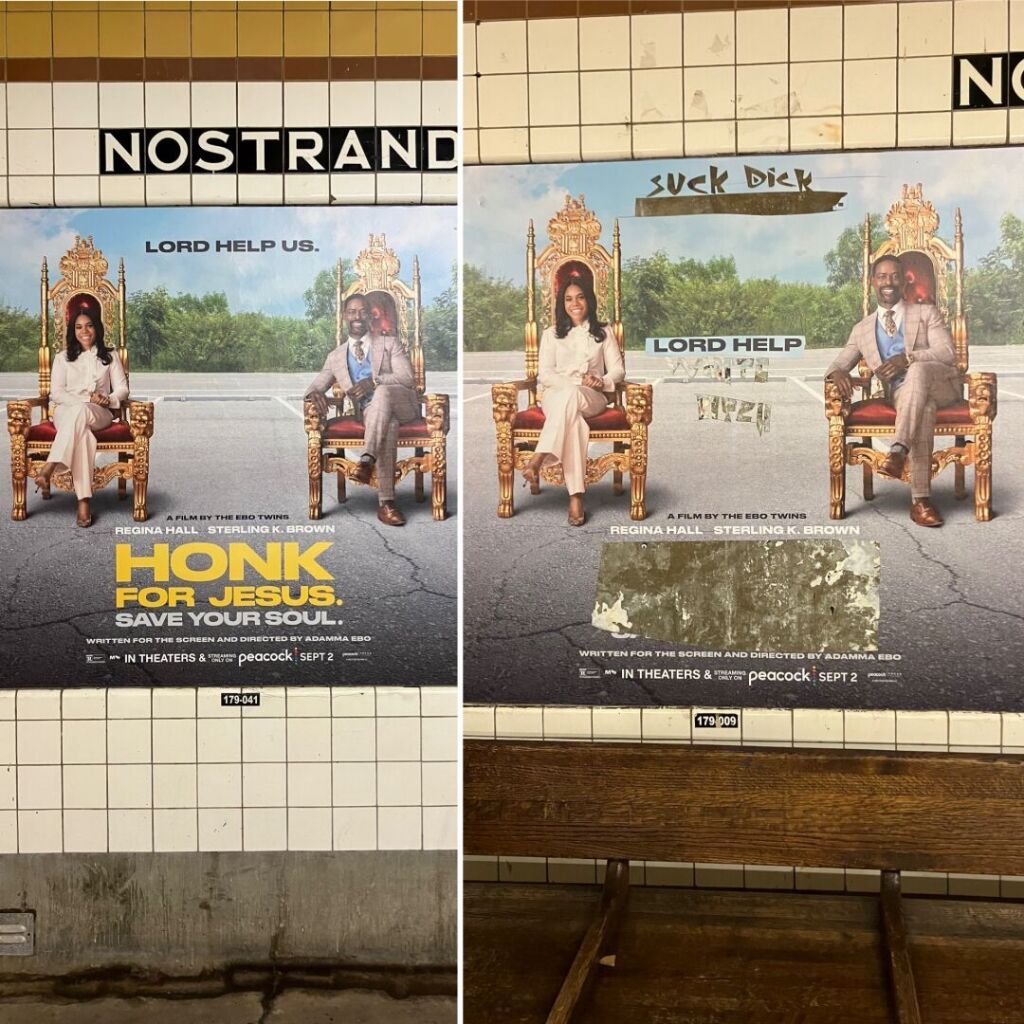 A two-panel collage, left panel shows a poster fo the TV show “Honk for Jesus” with the tag line “Lord help us”. Right panel shows the same poster with the title cut away, “Suck Dick” drawn where the tag line is supposed to be, and “Lord help” cut and pasted between the two portrayed characters.