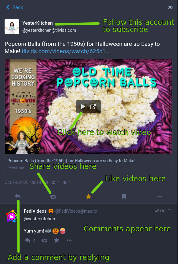 Screenshot of a PeerTube video viewed from Mastodon, with labels showing where to click to subscribe, like, comment, share videos etc.