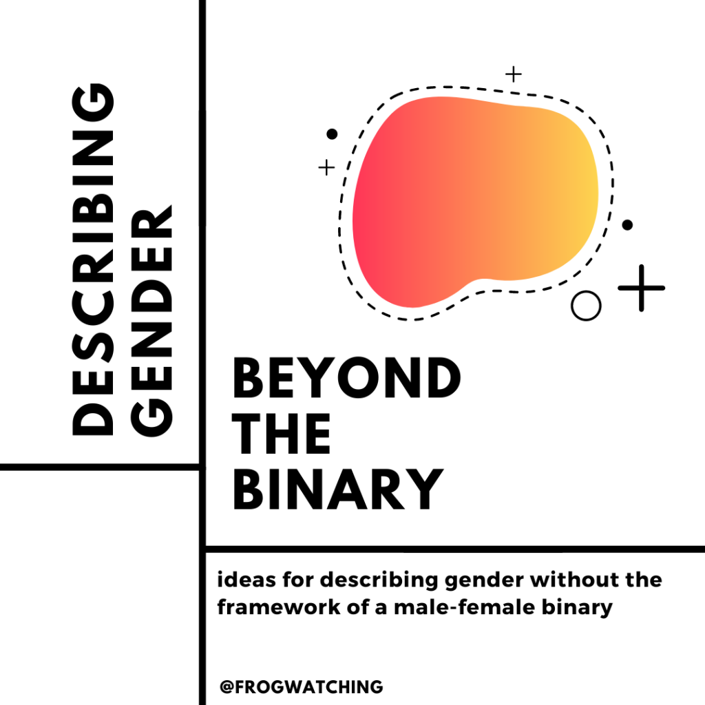 cover of a zine titled: Describing Gender Beyond the Binary. ideas for describing gender without the framework of a male-female binary by @frogwatching. there's a red-yellow gradient shape with dots, crosses and dotted lines around it in the upper right corner of the cover.