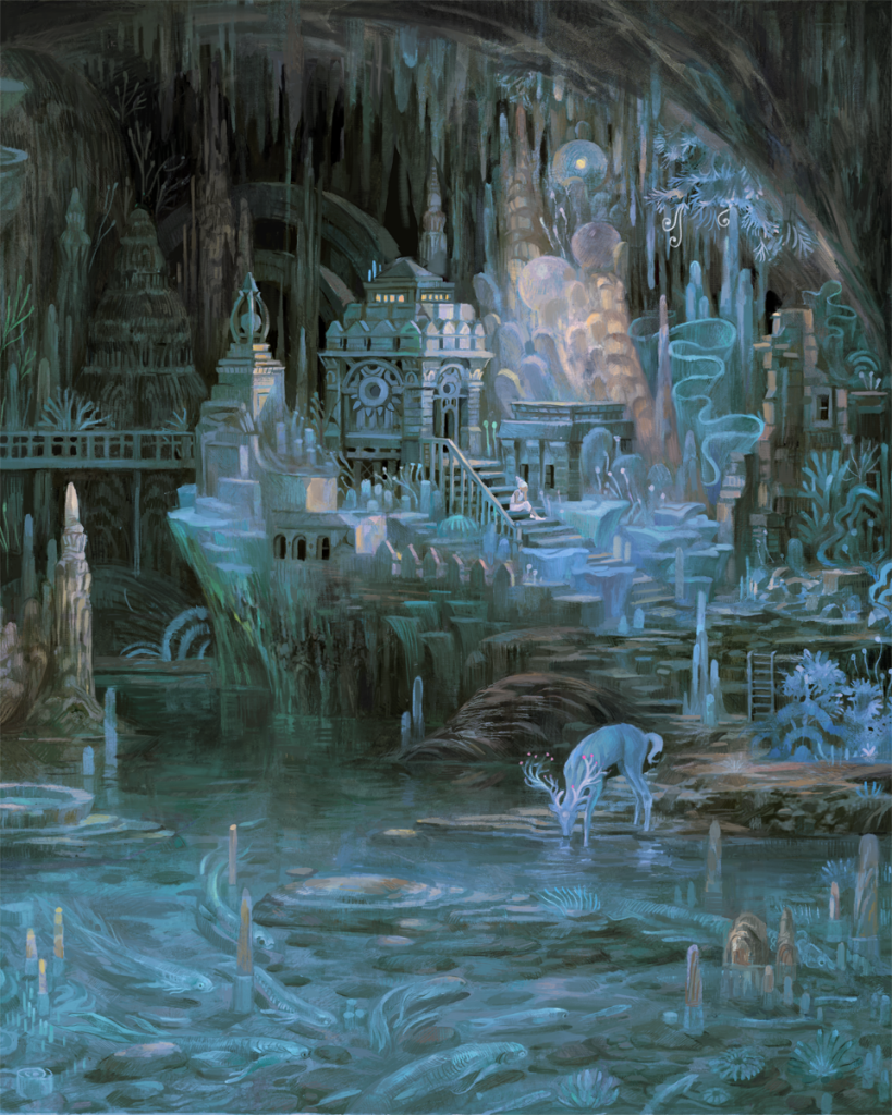 Bluish green cave with deer, fish and figure and a few buildings.