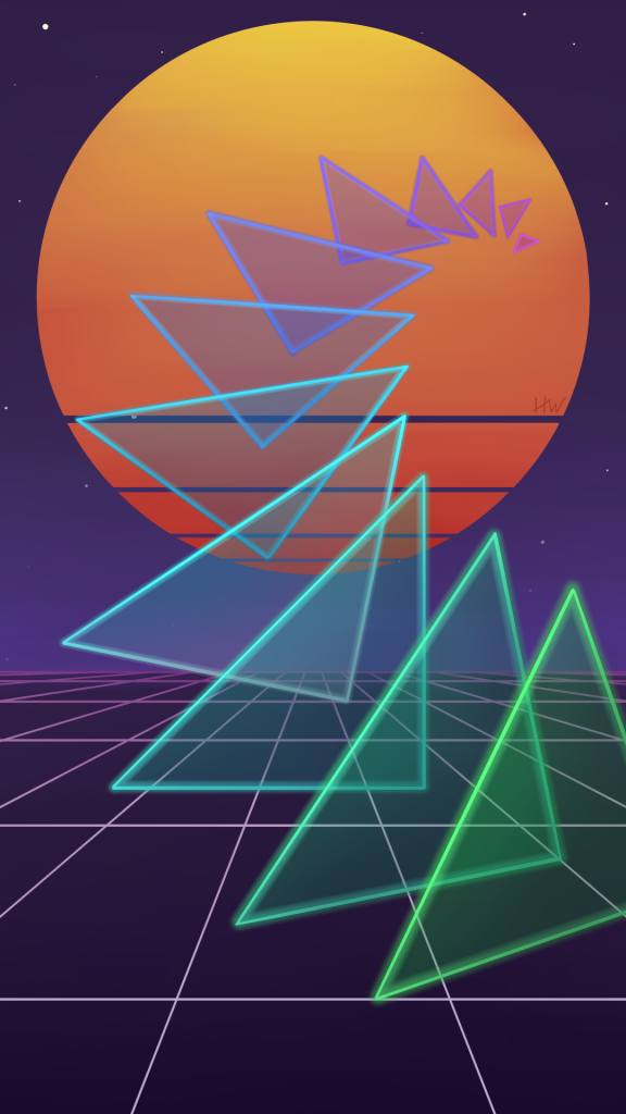 Abstract 80s synthwave art with a sun and triangular shapes