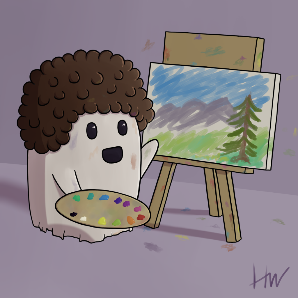 My ghost character Abe with paint on him everywhere, wearing a bob ross wig, presenting his drawing on a canvas