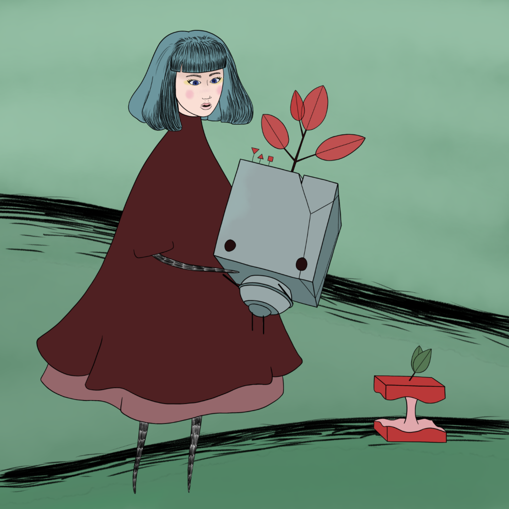 Fanart of the game GRIS, the main character is holding the cube character.  An eaten apple is lying on the ground.