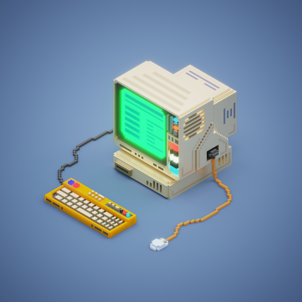 A tiny retro computer made out of voxels.  It can accept a tiny floppy disc and has a fancy yellowish keyboard. 