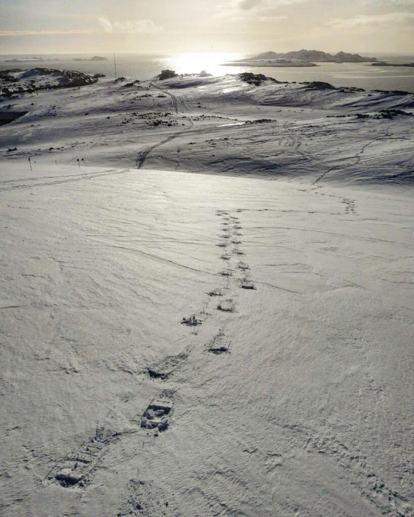 Snowshoe print tracks gleam in setting sun, leading back in 5he distance.