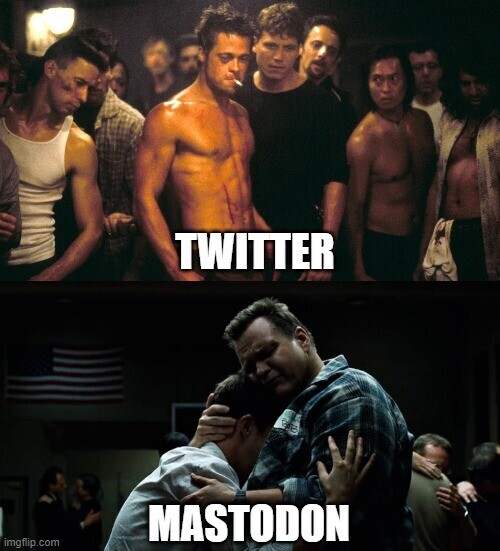 Meme created from Fight club; on the top TWITTER doing the bloody fighting; on the bottom MASTODON Bob hugs the Narrator.