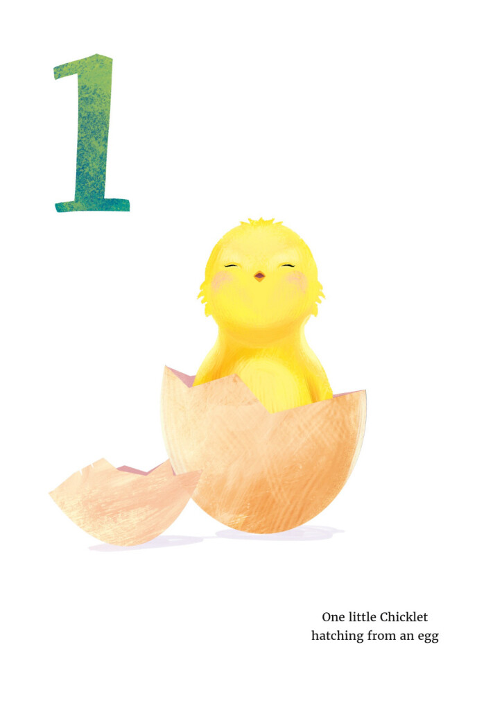 Page 1 of a number book for toddlers. Number 1 is written in green colour at the top left corner of the page. A small yellow chick is hatching from an egg.