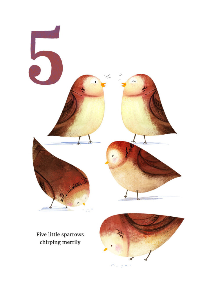 Page 5 of a number book for toddler. Number 5 is written in reddish mauve colour at the top left corner of the page. Illustration shows group of sparrows chirping and pecking for food