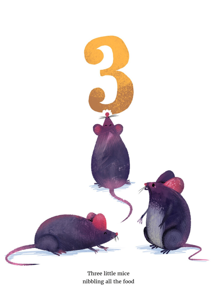 Page 1 of a number book for toddlers . Number 3 is written at the centre top of the page. Three mice are under it one mice is nibbling the number 3