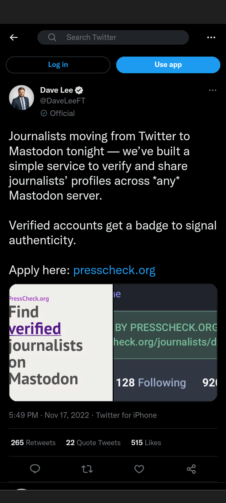 Journalists moving from Twitter to Mastodon tonight — we’ve built a simple service to verify and share journalists’ profiles across *any* Mastodon server. 

Verified accounts get a badge to signal authenticity. 

Apply here: http://presscheck.org