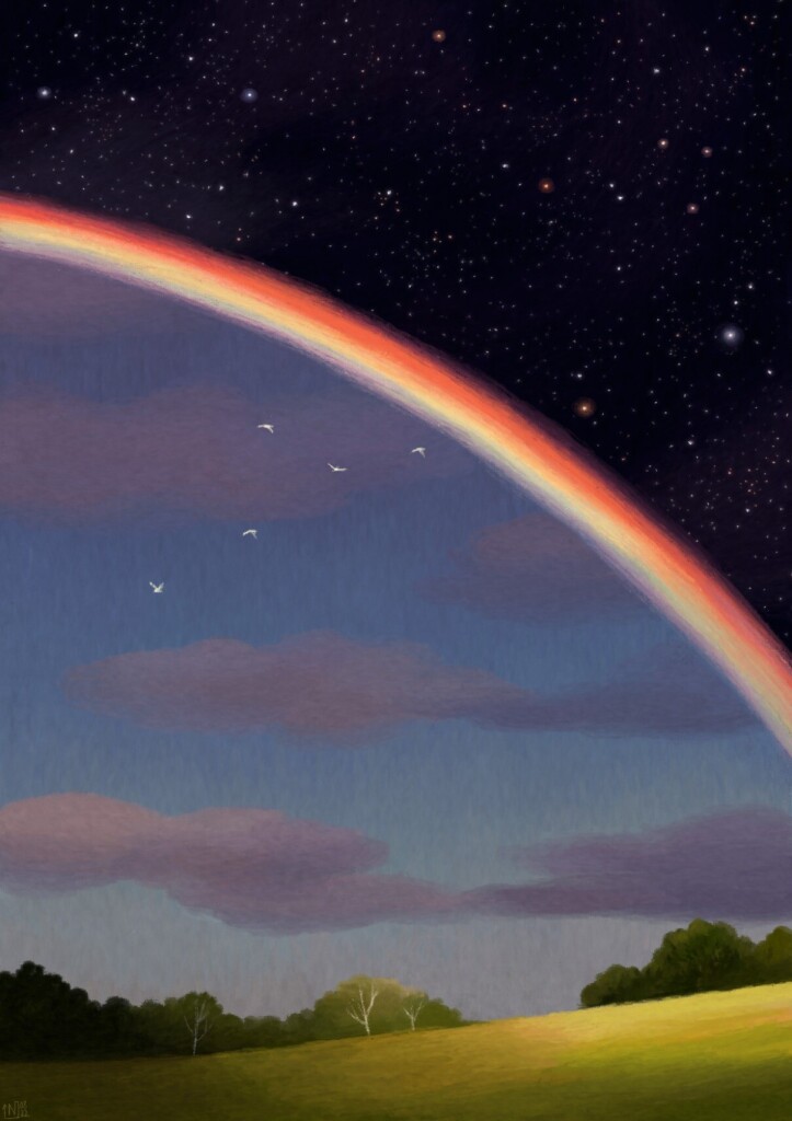 Digital painting of a countryside landscape bathed in golden light. In the sky, there is a big and bright rainbow; underneath the rainbow, it's twilight, with a few clouds and white birds flying. Above the rainbow is a dark night sky full of bright stars of different colours.
