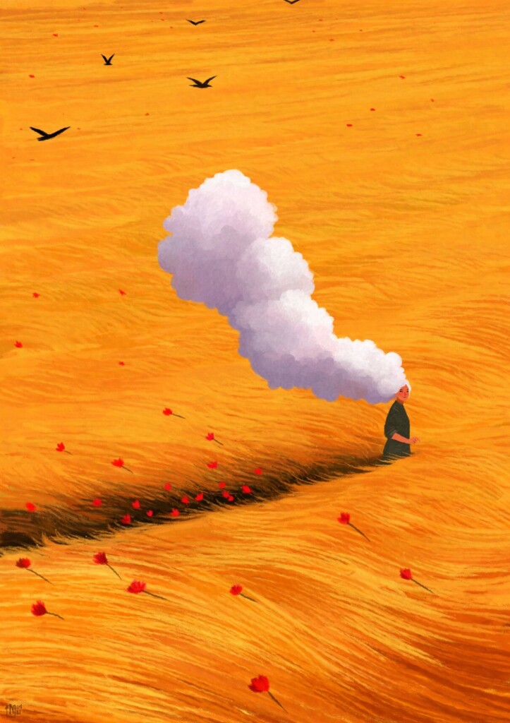 Digital painting of a woman walking in a golden field with a few red poppies here and there. Her hair is a white cloud rising up from her hair. There are black birds flying above the field into the distance.