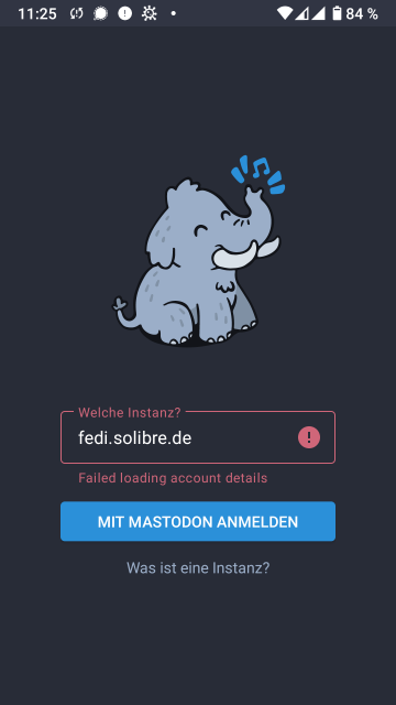 screenshot von Tusky mit Fehlermeldung nach versuchtem Login