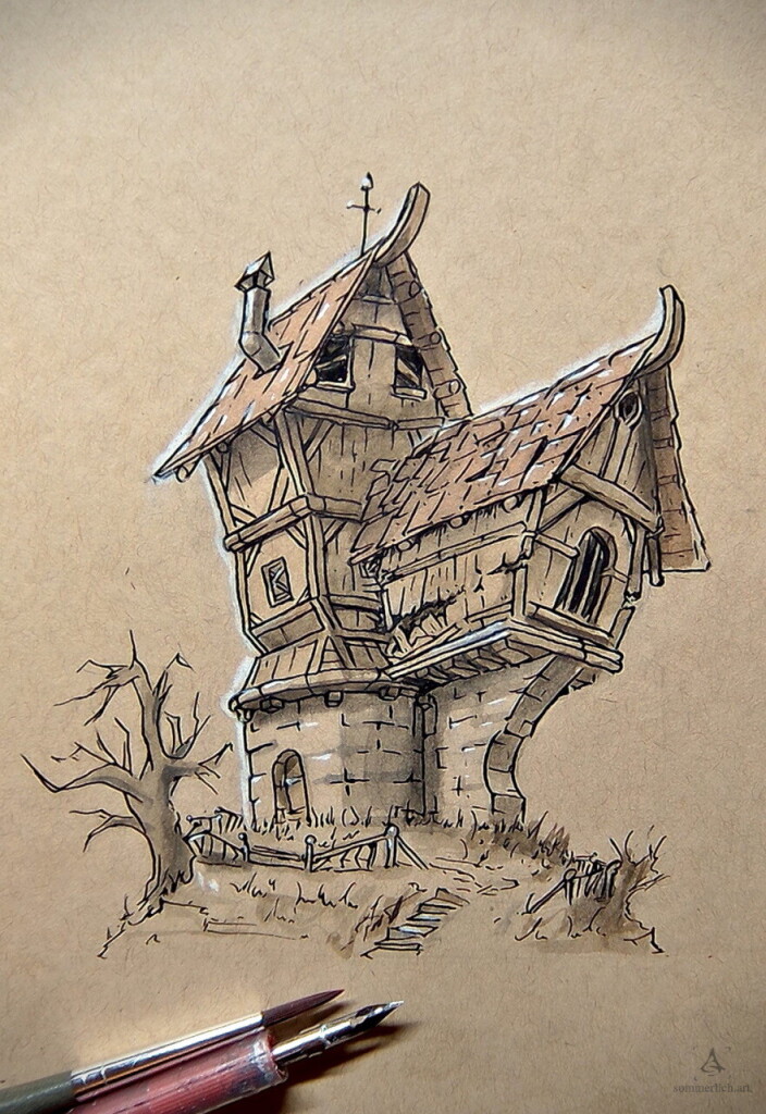 Ink and gouache painting of a small medieval wooden house. It stands on a stone foundation on a small hill. Next to it is a dead tree and a collapsed fence.