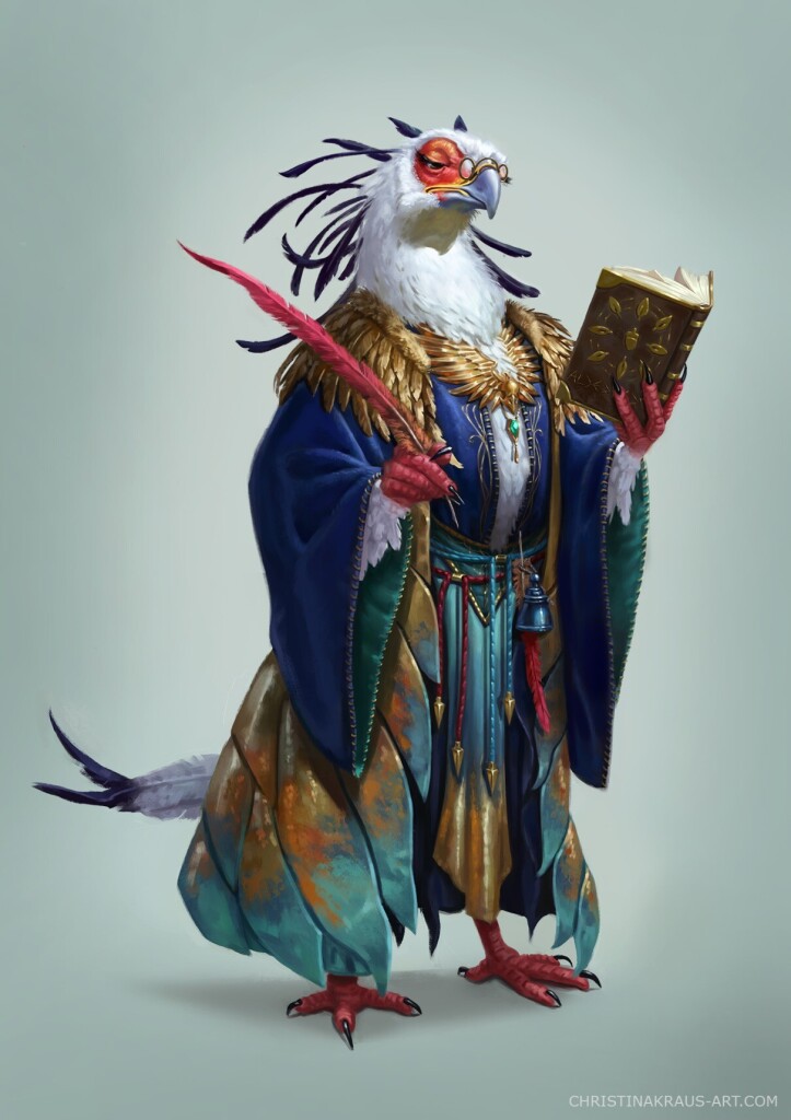 A digital illustration of an anthropomorphised secretary bird in a colorful scholary robe with a textbook and writing feather in hand. They wear glasses on their beak. 