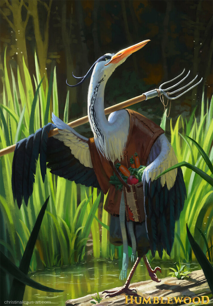 A digital illustration of an anthropomorphised bird wearing farmer clothes and a pitchfork. The background is bathed in slunlight.