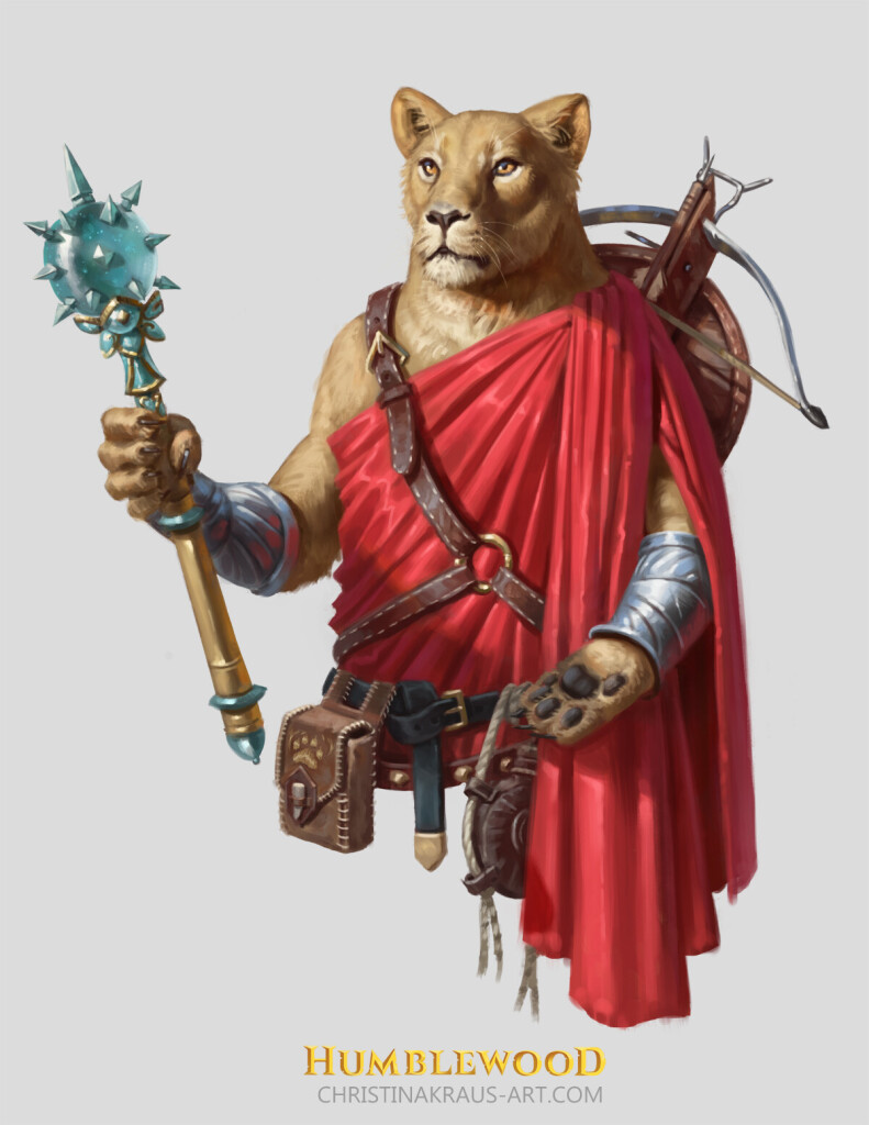 A digital bust illustration of an anthropomorphised lioness who belongs to the cleric class. 