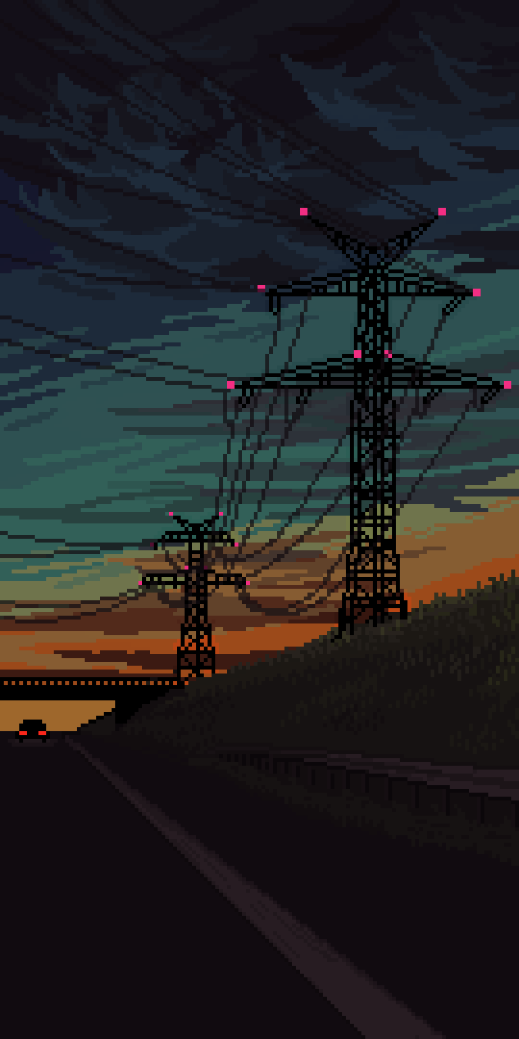 Pixel art drawing of a highway at sunset with large electricity towers on a hill.