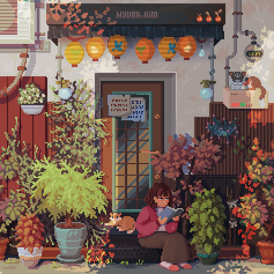 pixel art scenery in bright summer colors: girl sitting on the steps right outside of her house, reading a book - she's surrounded by the rich garden of all shapes and sizes; behind her laying down a small ginger cat and on the right side of the wall, on the conditioner system is another cat - grey and white coloration, bigger sized; the sun putting a very gentle shadow on the building, feels like home.