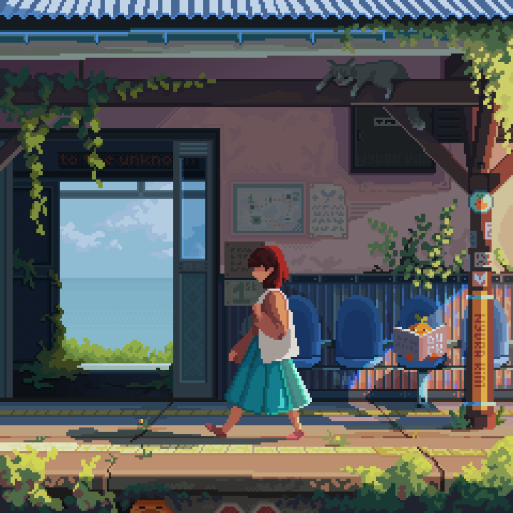 a a full body profile of a girl in a tilt skirt going on her way through the overgrown train station; the sun sets on her back and the shadows a falling in front of her; there's a open doorframe to the water side; a grey cat laying in shadows of the roof, relaxed and watching; two little duckling hiding: one with a book on the blue chair behind a girl - the book has a title "duck" on it; the other one is hiding under the platform, near by rails; you can almost hear the distant waves of the water and feel the fresh wind, it's warm and cozy.