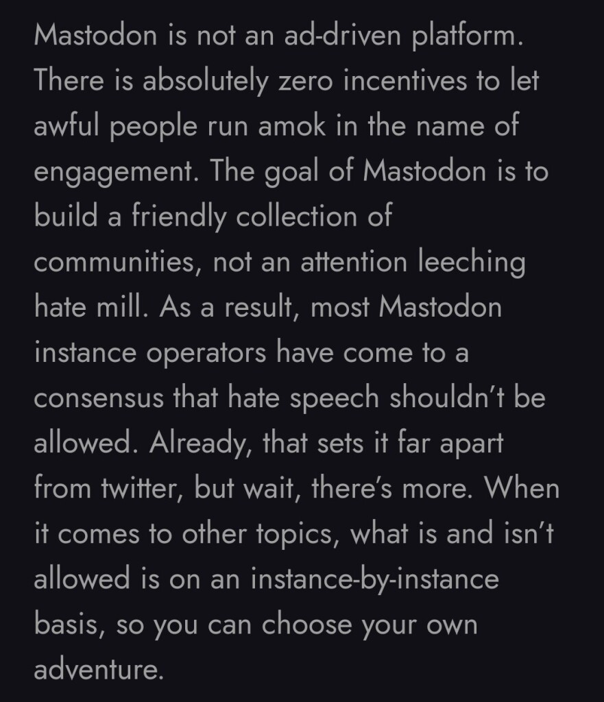 A screenshot from the above linked article describing how handling abuse on mastodon differs from Twitter and other centralized media. 