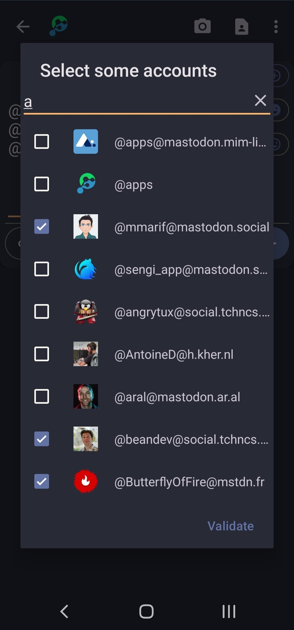 Screenshot showing a window with different accounts that we follow. They are filtered with the letter "a". Three accounts have been checked. 