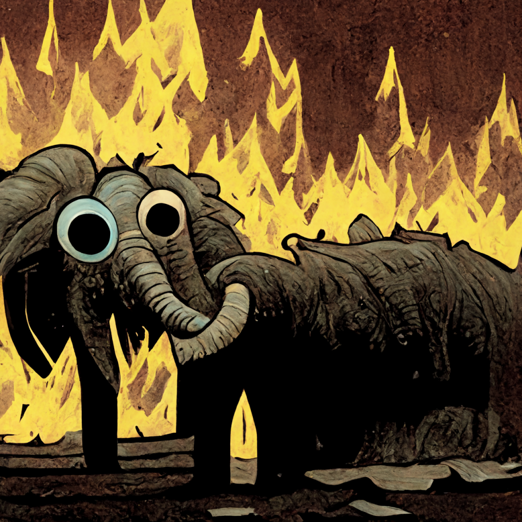 An elephant in a room full of flames.