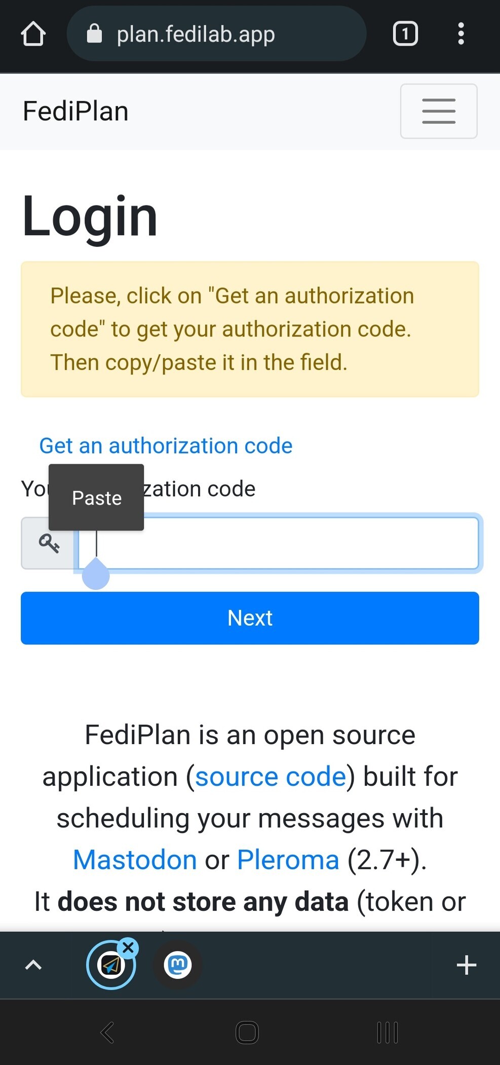 "For the authentication, just follow steps to get the authorisation code that you copy/paste. No need to create one through your instance. "