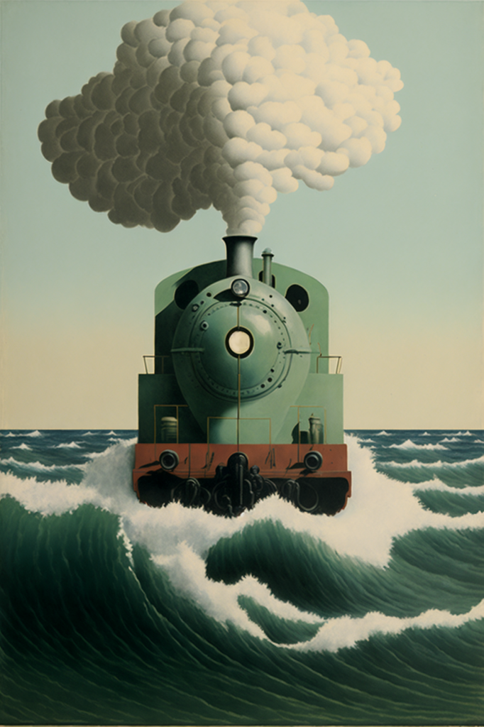 A painting of a front isometric view of a teal British-style tank engine, fluffy white smoke billowing from its stack. It sails on a choppy sea straight at the viewer.