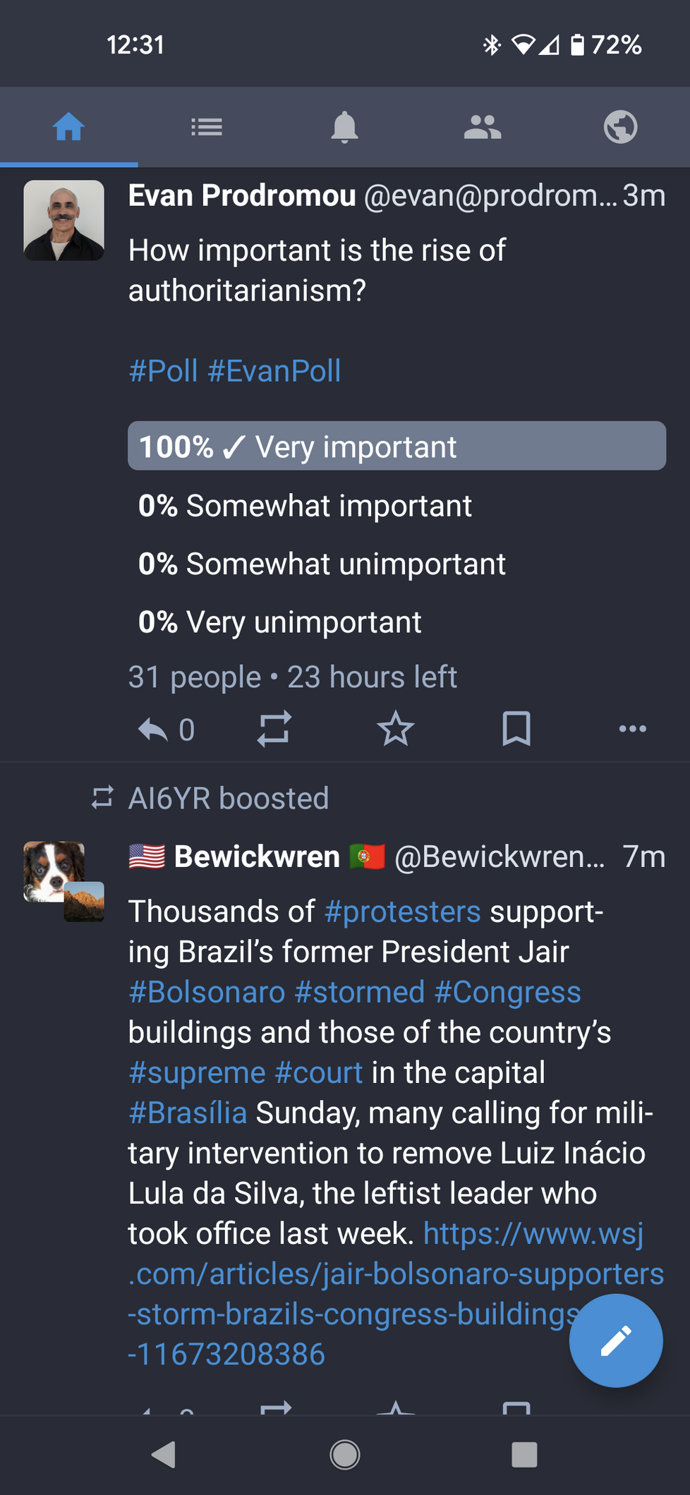 Screenshot of Evan's above poll showing 100% of 31 responses for "very important" above a boost of a post describing the Brazilian coup attempt happening today.