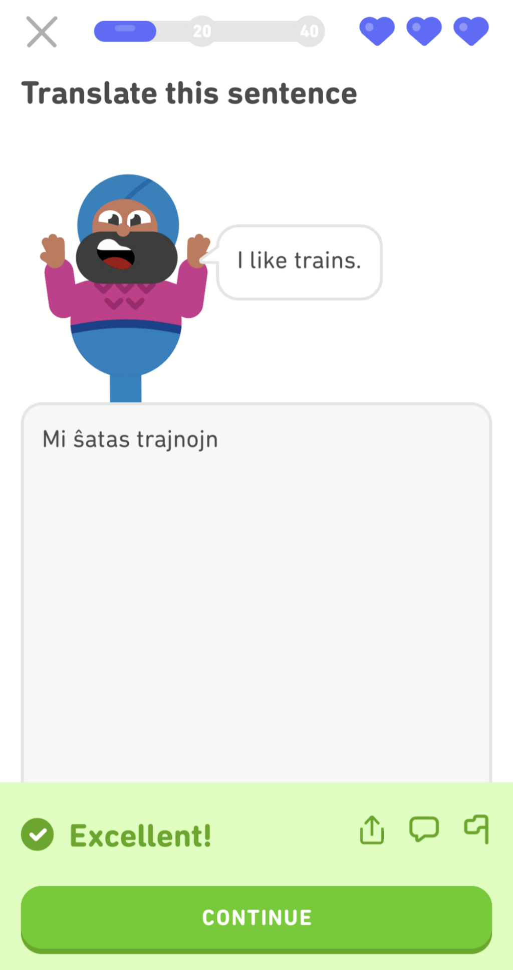 A Duolingo translation of "I like trains."  into Esperanto 