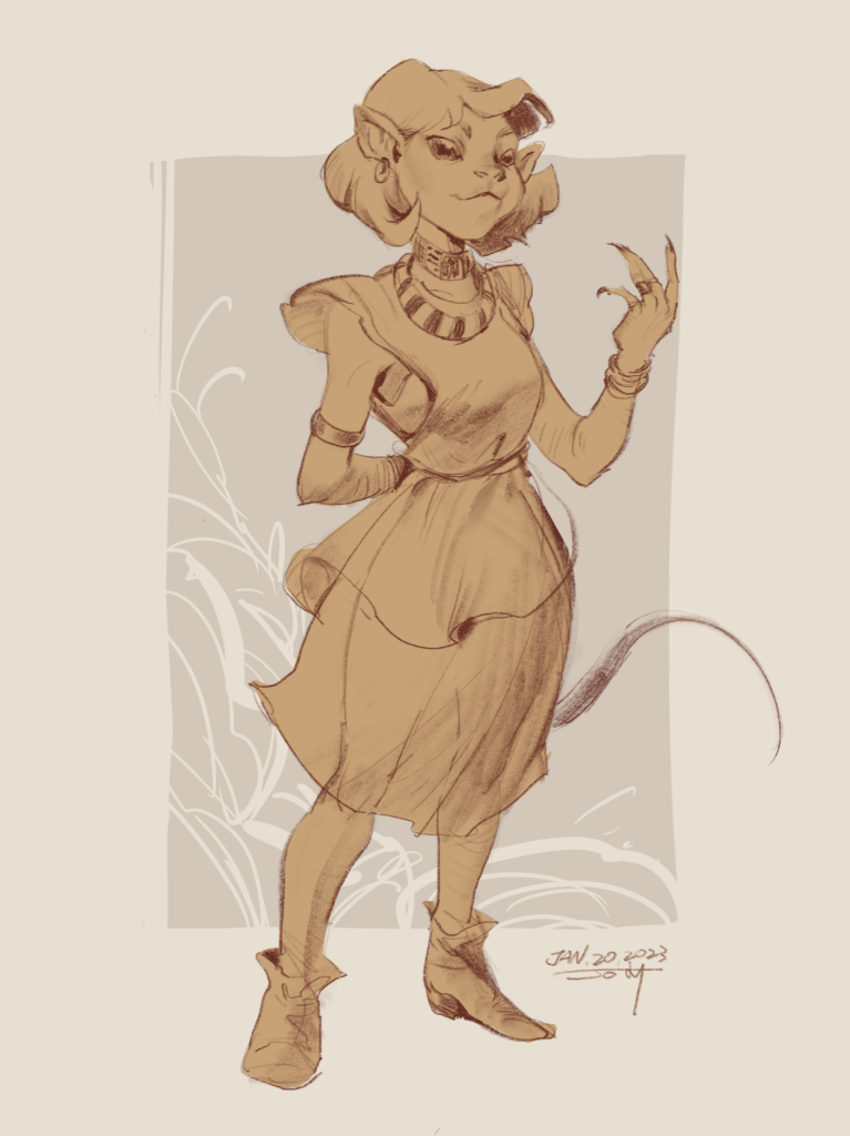 A fantasy character. She has a cat face and human body.