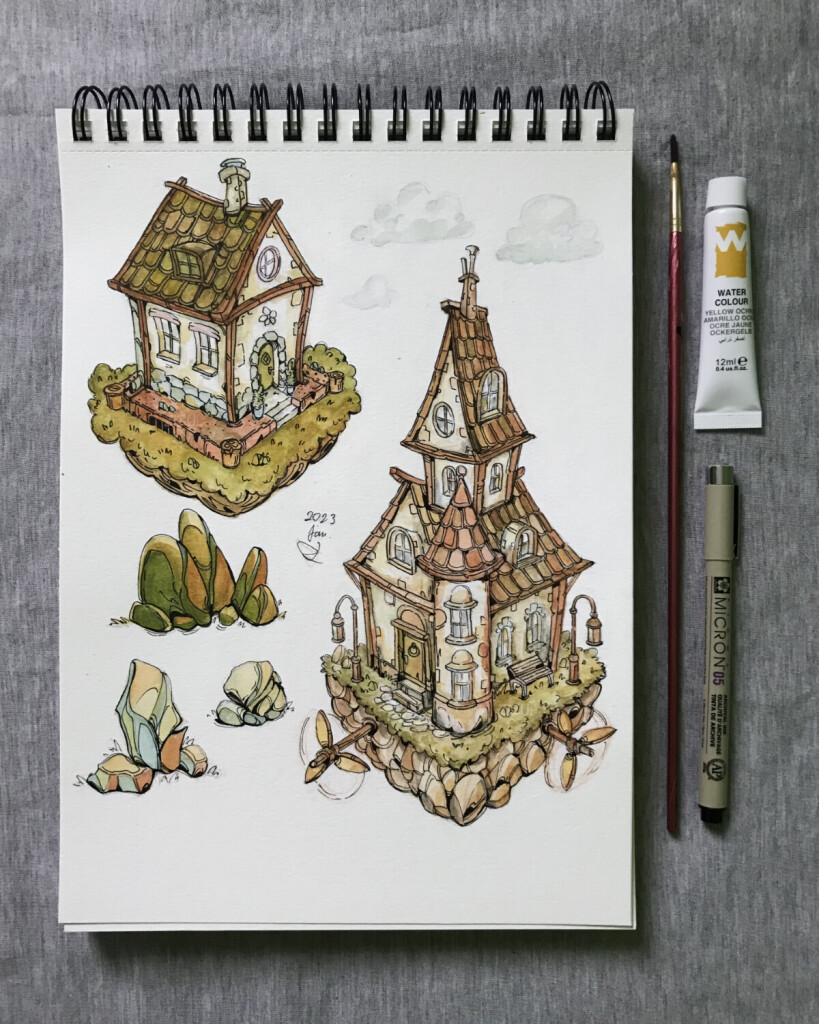 Aquarelle paintings in a sketchbook with artistic tools aside depicting flying or floating houses, rocks, and clouds in a cozy vibe. Made by zizudraws